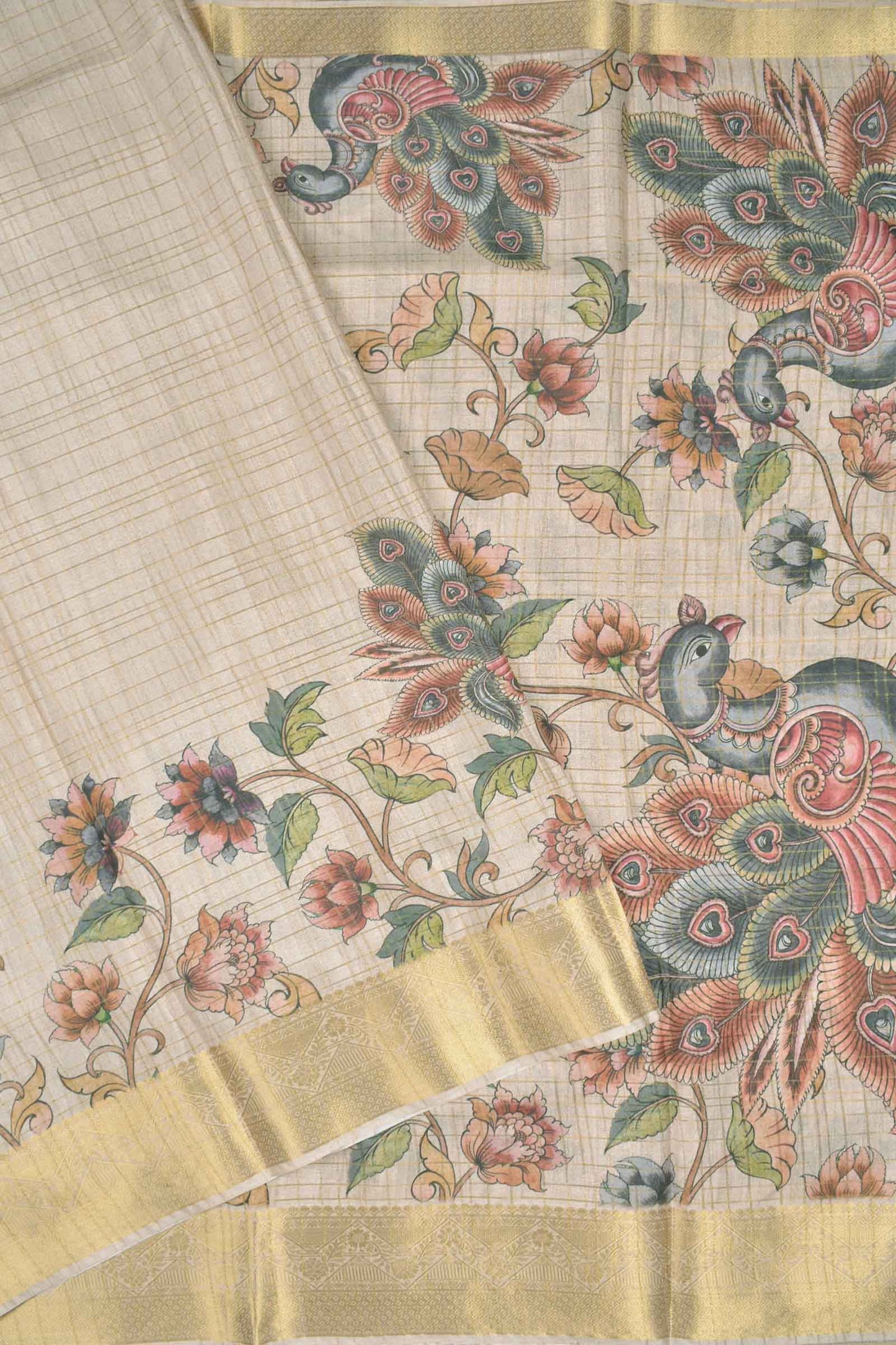 Off White Printed Fancy Cotton Kalamkari Inspired Golden Checks Zari Border Saree