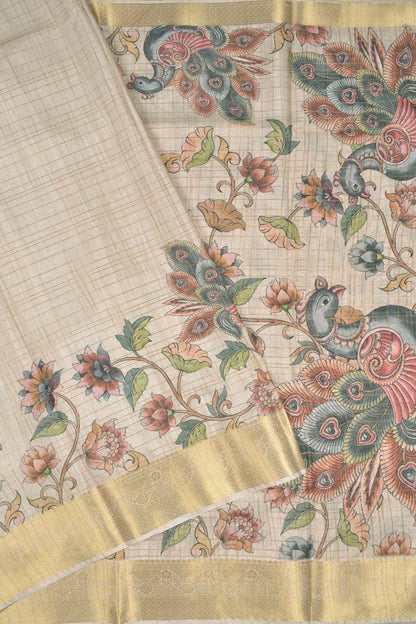 Off White Printed Fancy Cotton Kalamkari Inspired Golden Checks Zari Border Saree