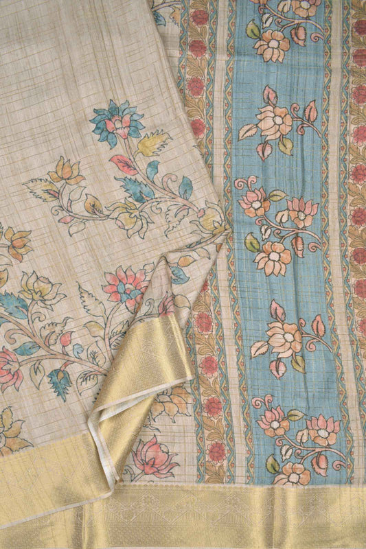 Sandal Printed Cotton Kalamkari Inspired Golden Checks Zari Border Saree