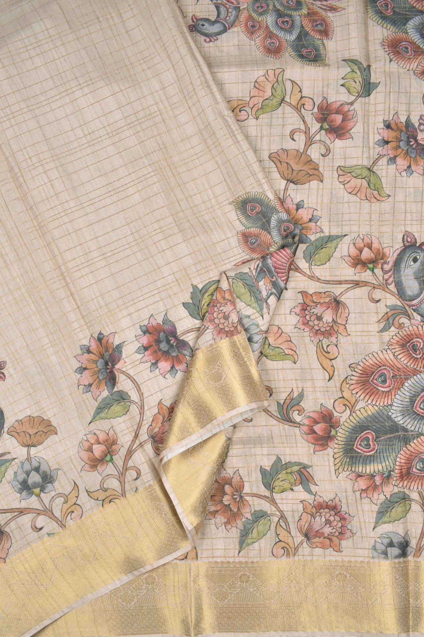 Off White Printed Fancy Cotton Kalamkari Inspired Golden Checks Zari Border Saree