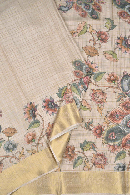 Off White Printed Fancy Cotton Kalamkari Inspired Golden Checks Zari Border Saree
