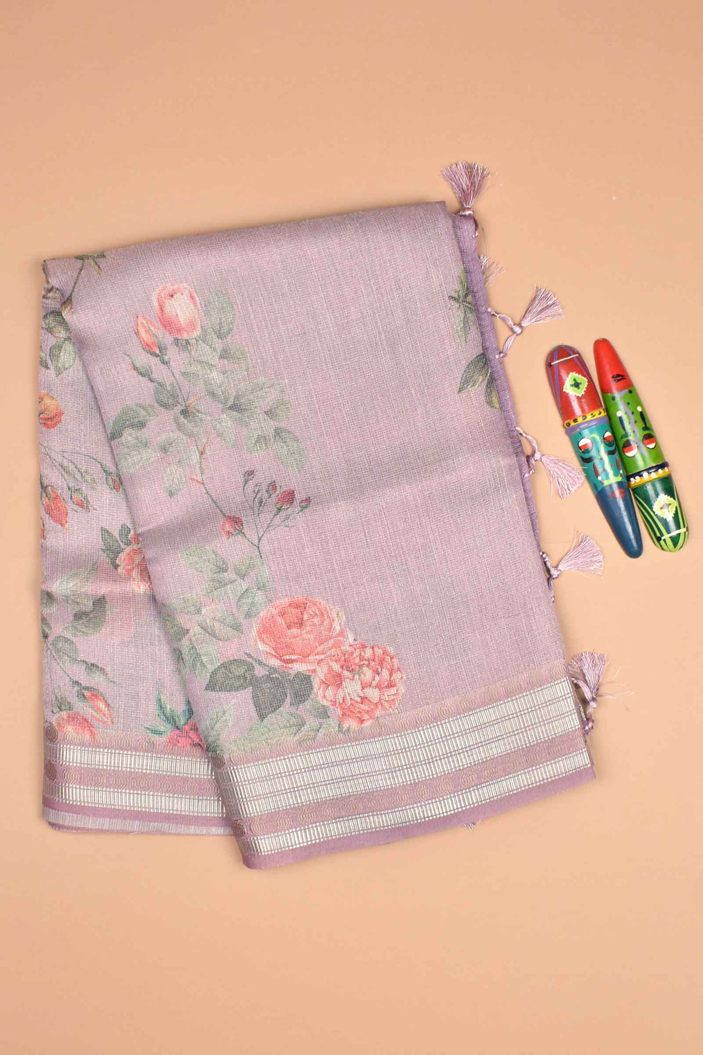 Light Violet Semi Linen Rose Garden Print Zari Lines Tissue Saree