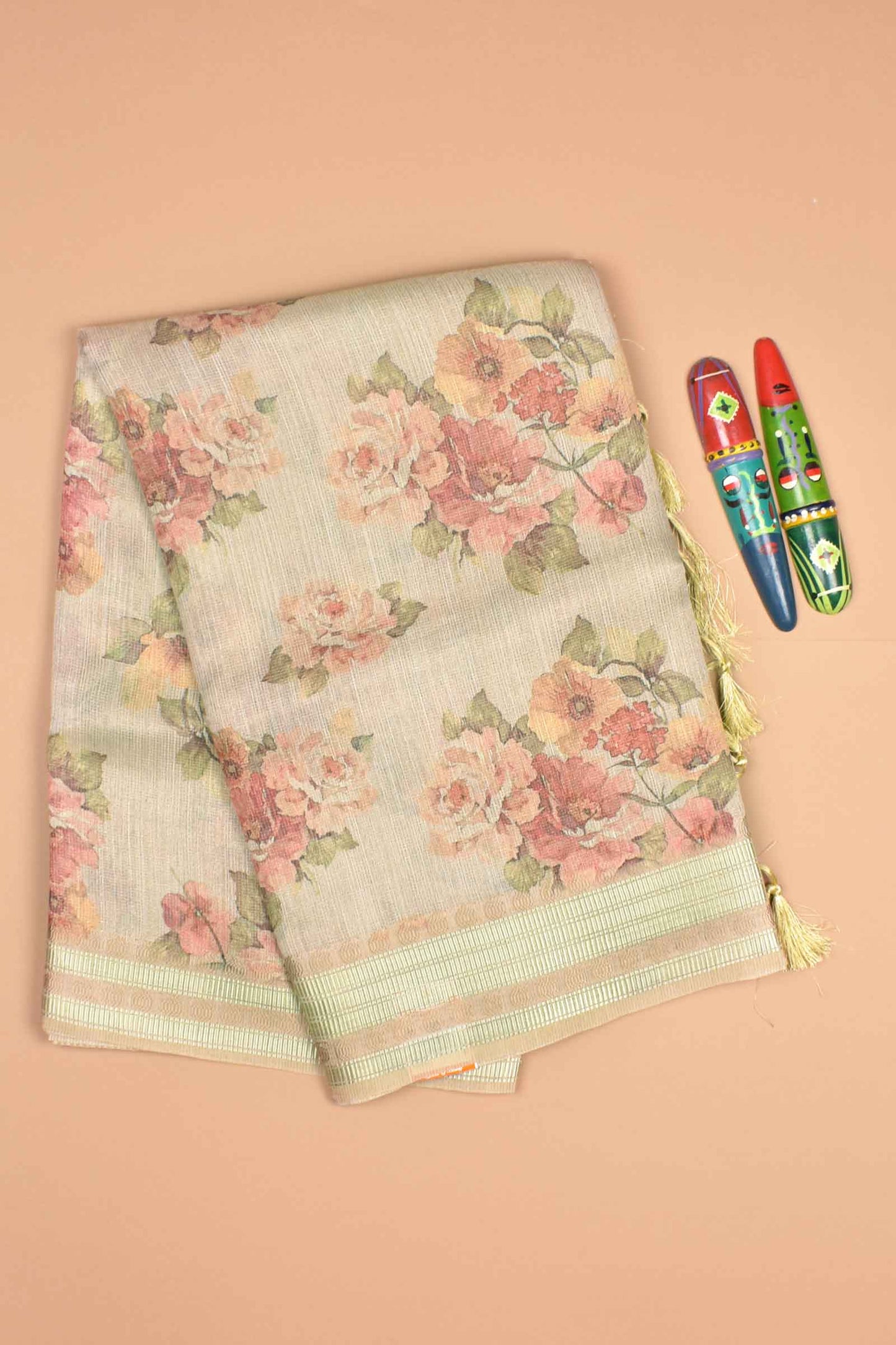 Sandal Semi Linen Floral Bunch Zari Lines Tissue Saree