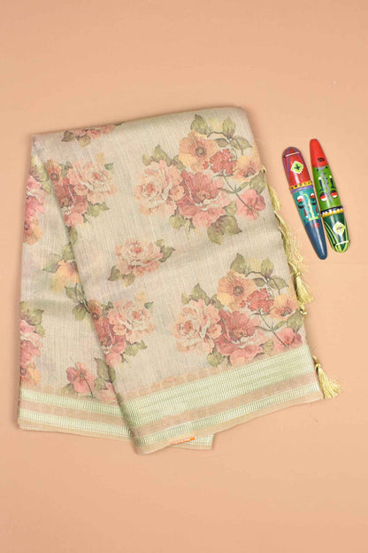 Sandal Semi Linen Floral Bunch Zari Lines Tissue Saree