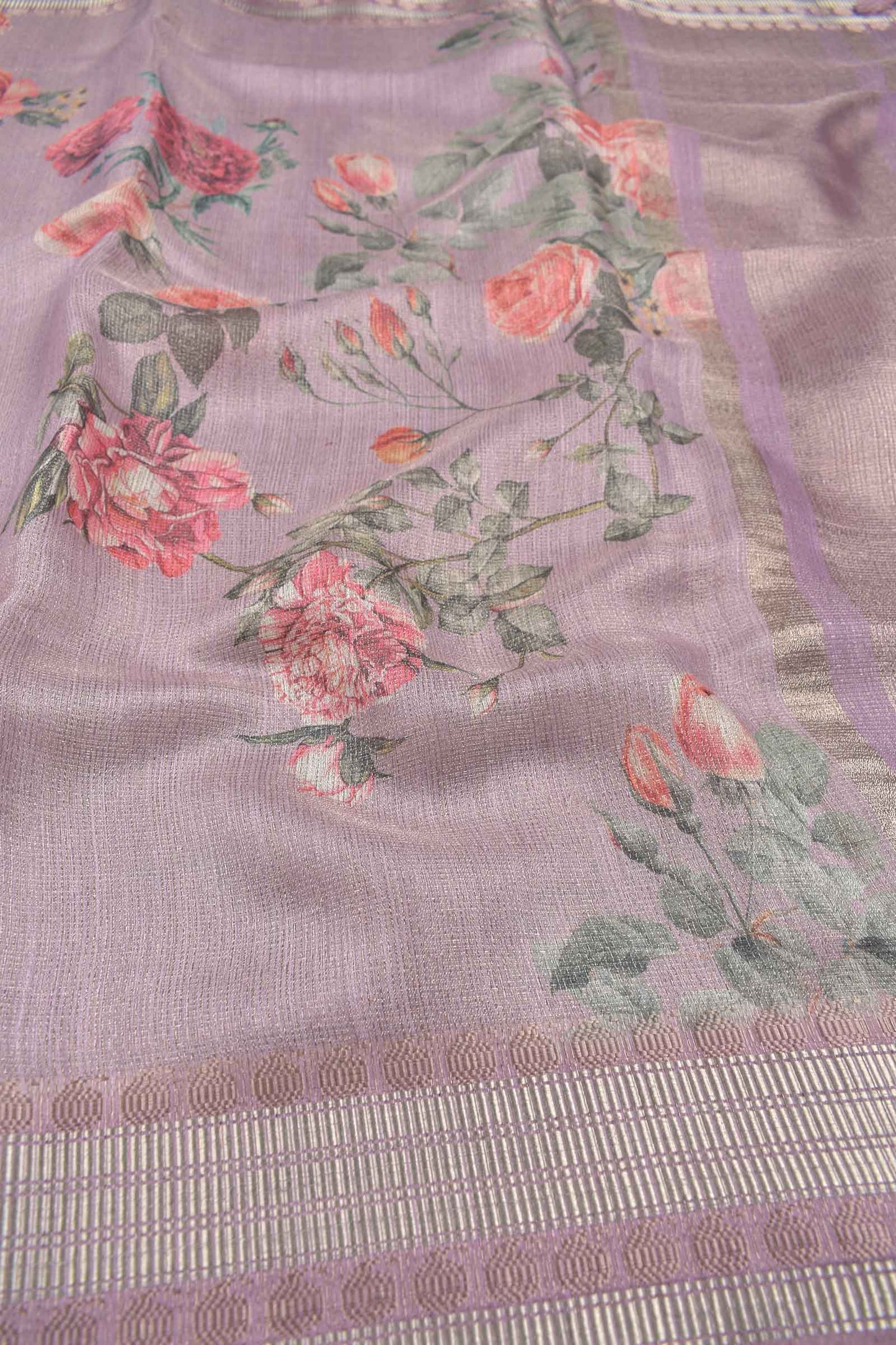 Light Violet Semi Linen Rose Garden Print Zari Lines Tissue Saree