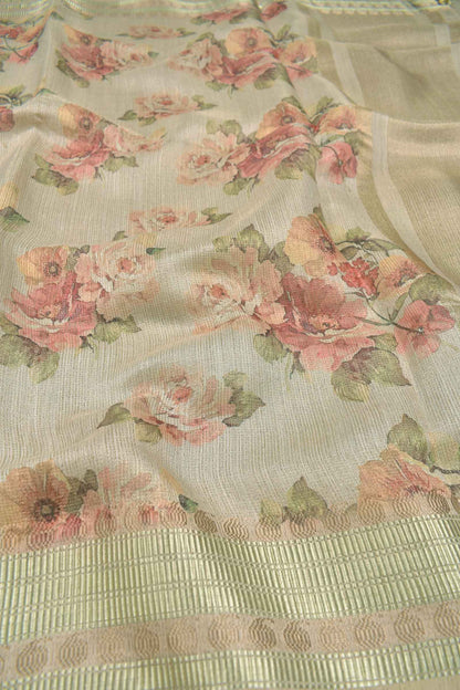 Sandal Semi Linen Floral Bunch Zari Lines Tissue Saree