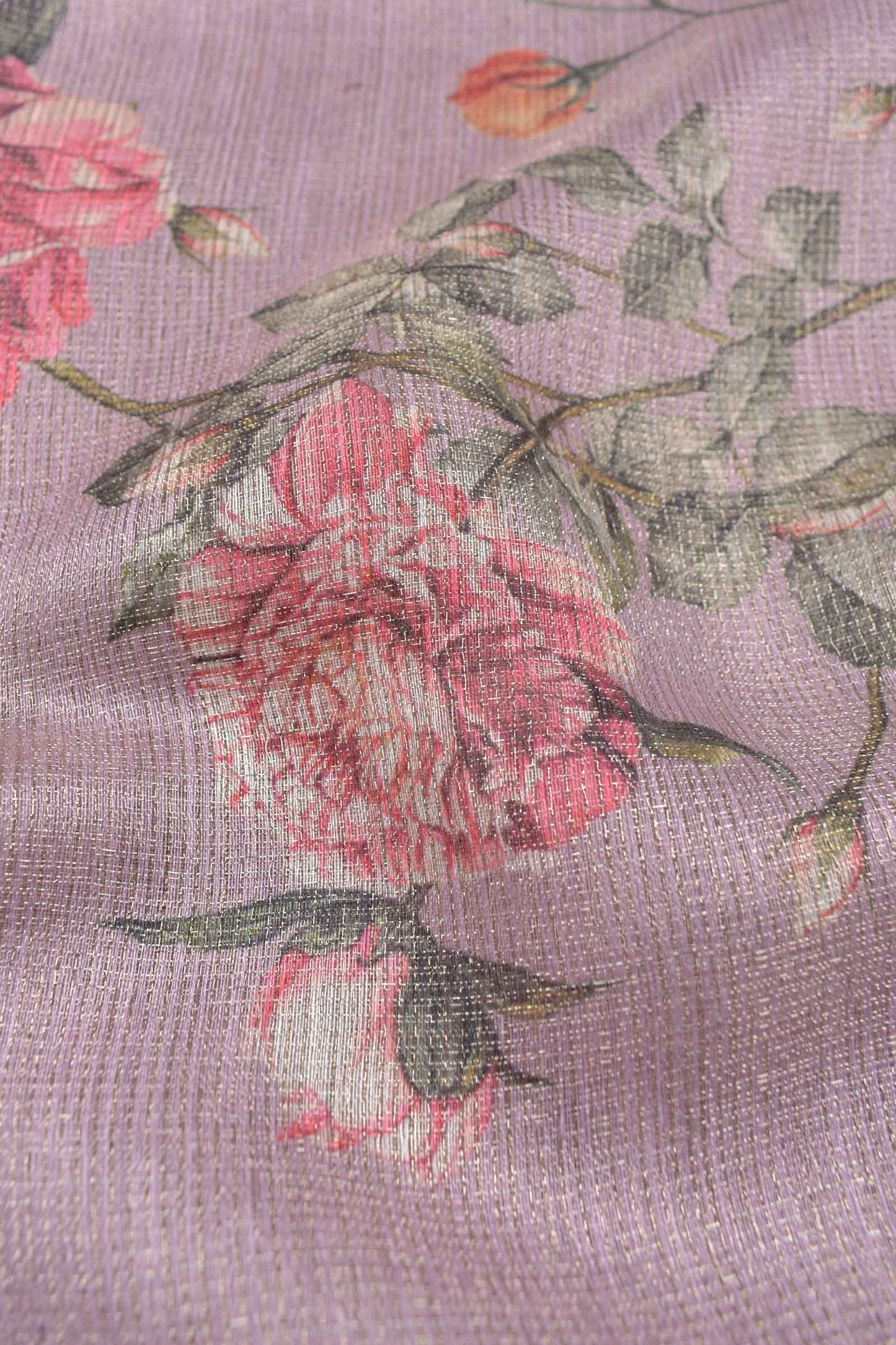 Light Violet Semi Linen Rose Garden Print Zari Lines Tissue Saree