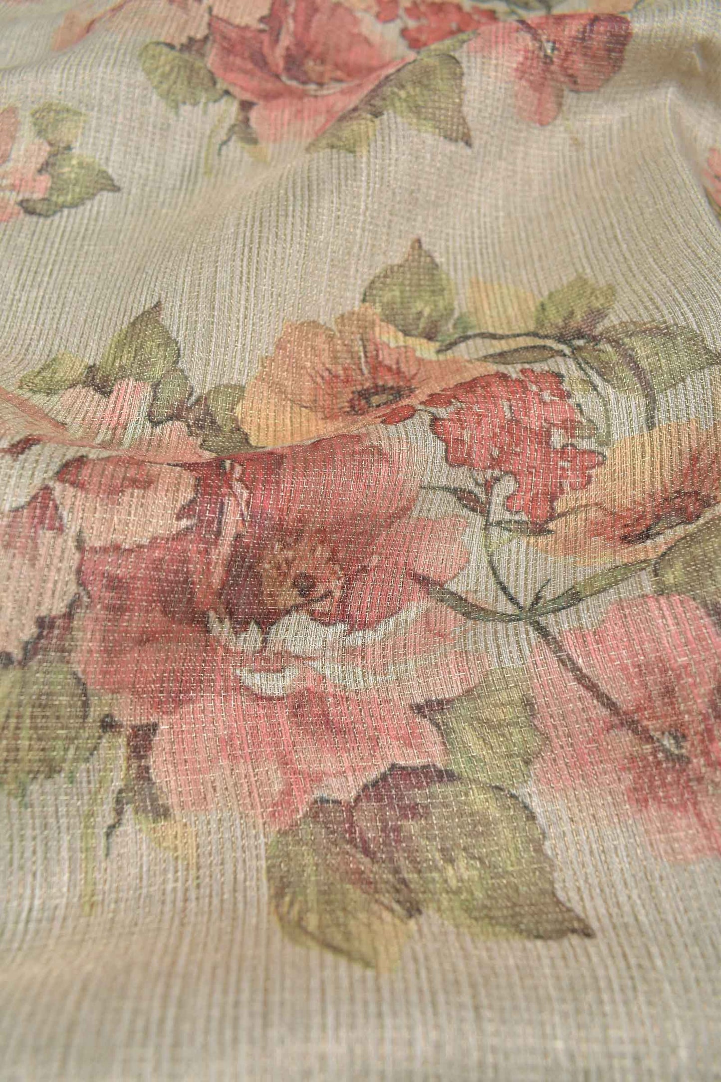 Sandal Semi Linen Floral Bunch Zari Lines Tissue Saree