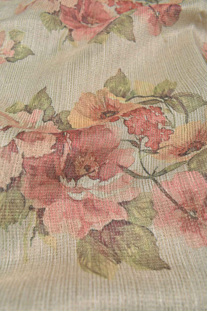 Sandal Semi Linen Floral Bunch Zari Lines Tissue Saree