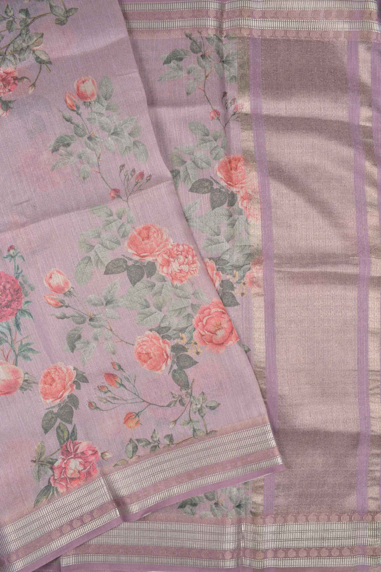 Light Violet Semi Linen Rose Garden Print Zari Lines Tissue Saree