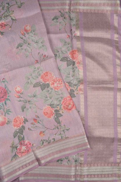 Light Violet Semi Linen Rose Garden Print Zari Lines Tissue Saree