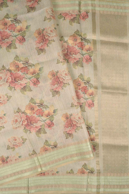 Sandal Semi Linen Floral Bunch Zari Lines Tissue Saree