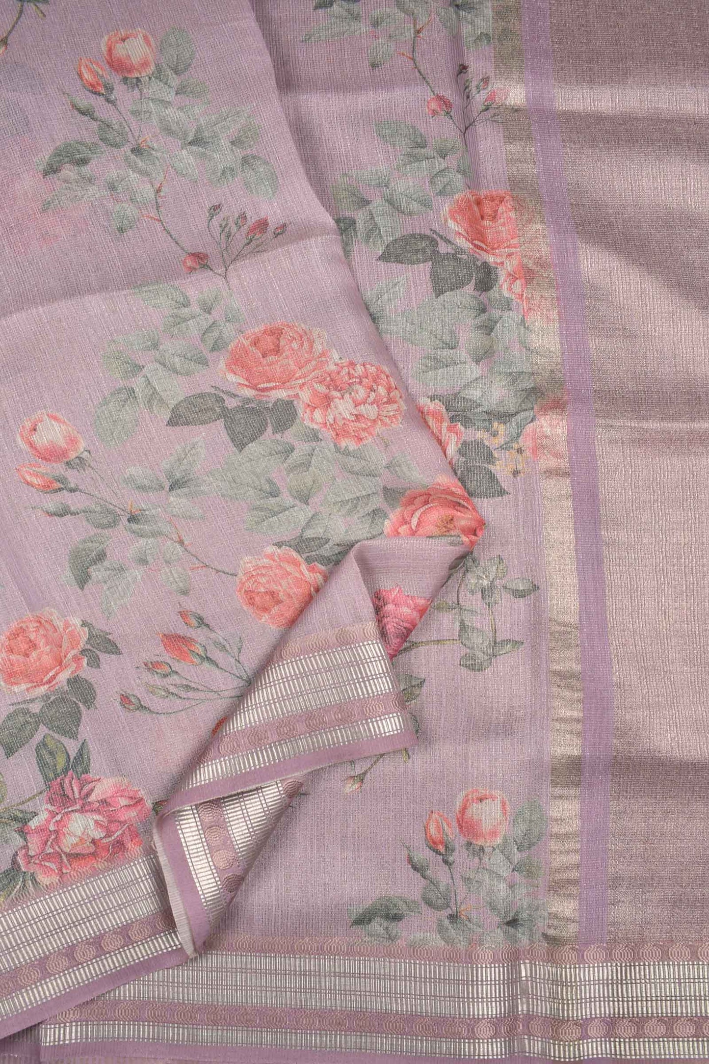 Light Violet Semi Linen Rose Garden Print Zari Lines Tissue Saree