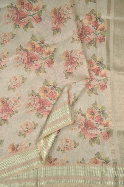 Sandal Semi Linen Floral Bunch Zari Lines Tissue Saree