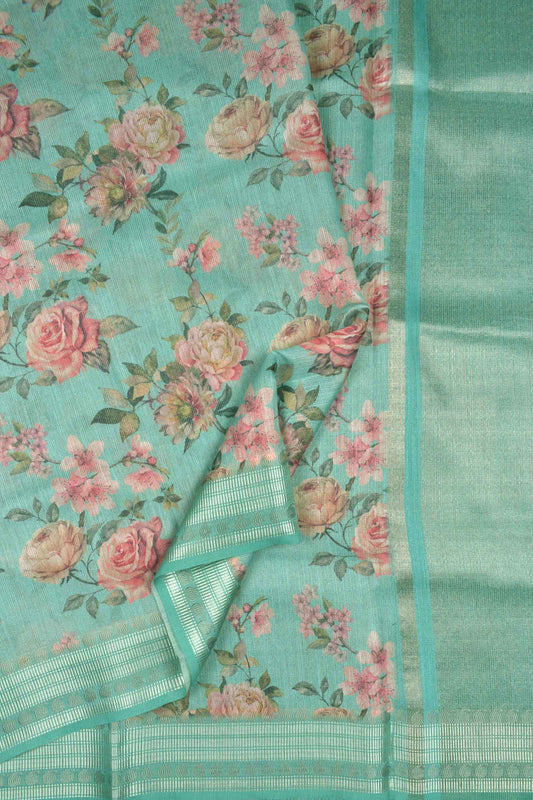 Mint Green Semi Linen Rose Garden Digital Print Zari Lines Tissue Saree