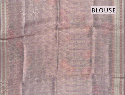 Light Violet Semi Linen Rose Garden Print Zari Lines Tissue Saree