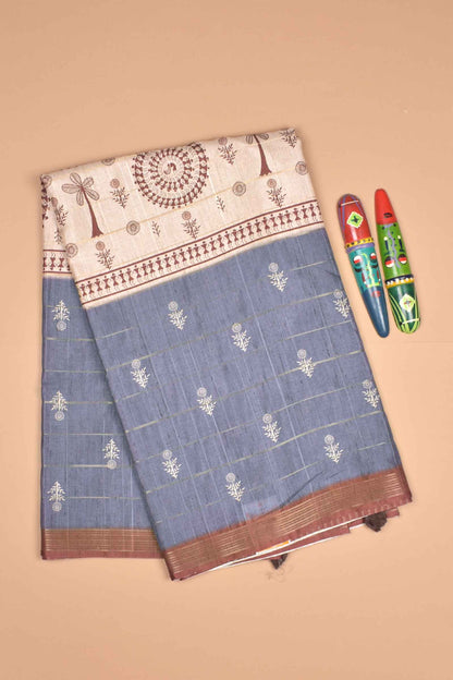 Grey Semi Tussar MidLine Warli Printed Warli Pallu Saree