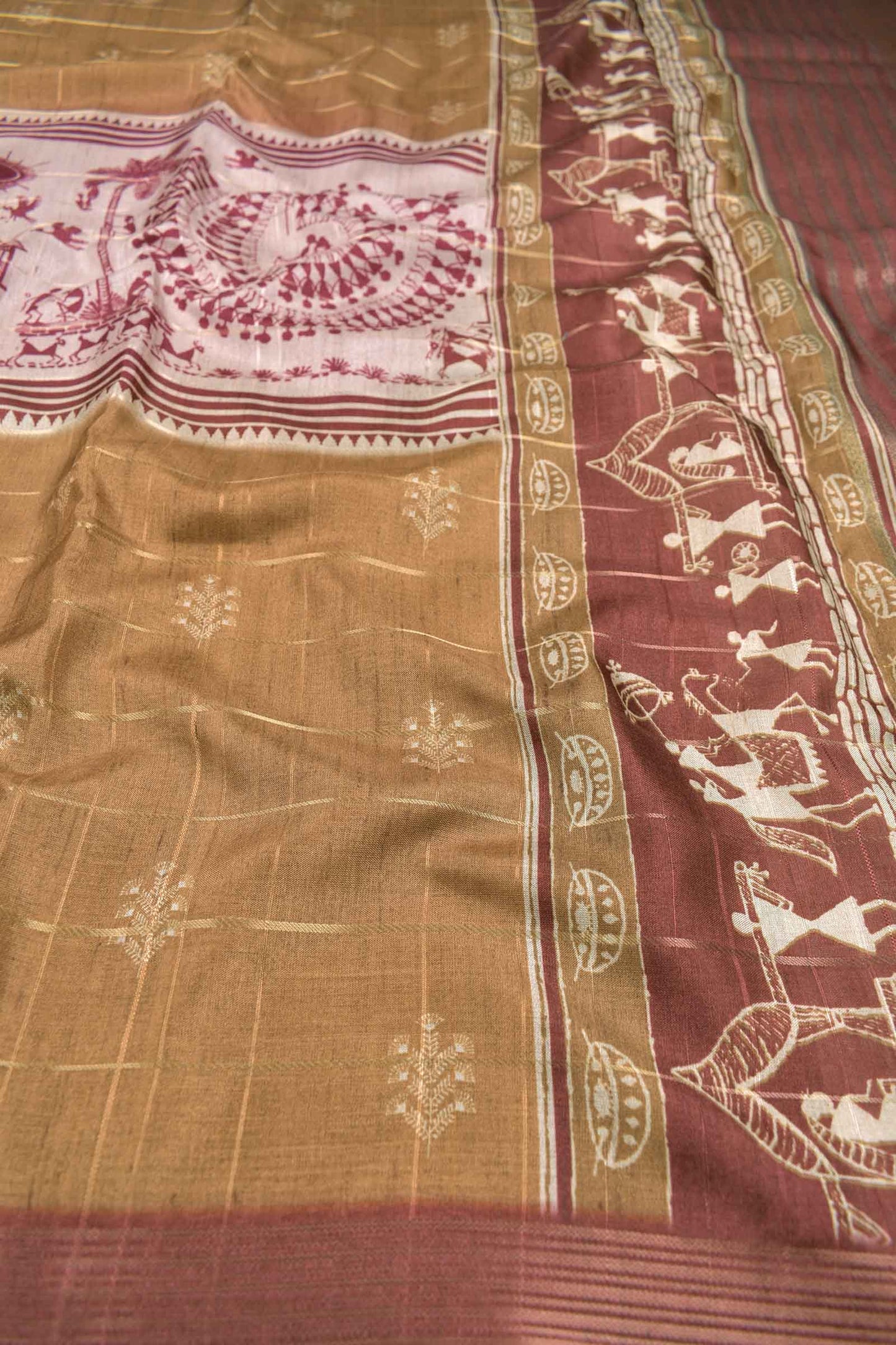 Sandal Semi Tussar MidLine Warli Printed Warli Pallu Saree