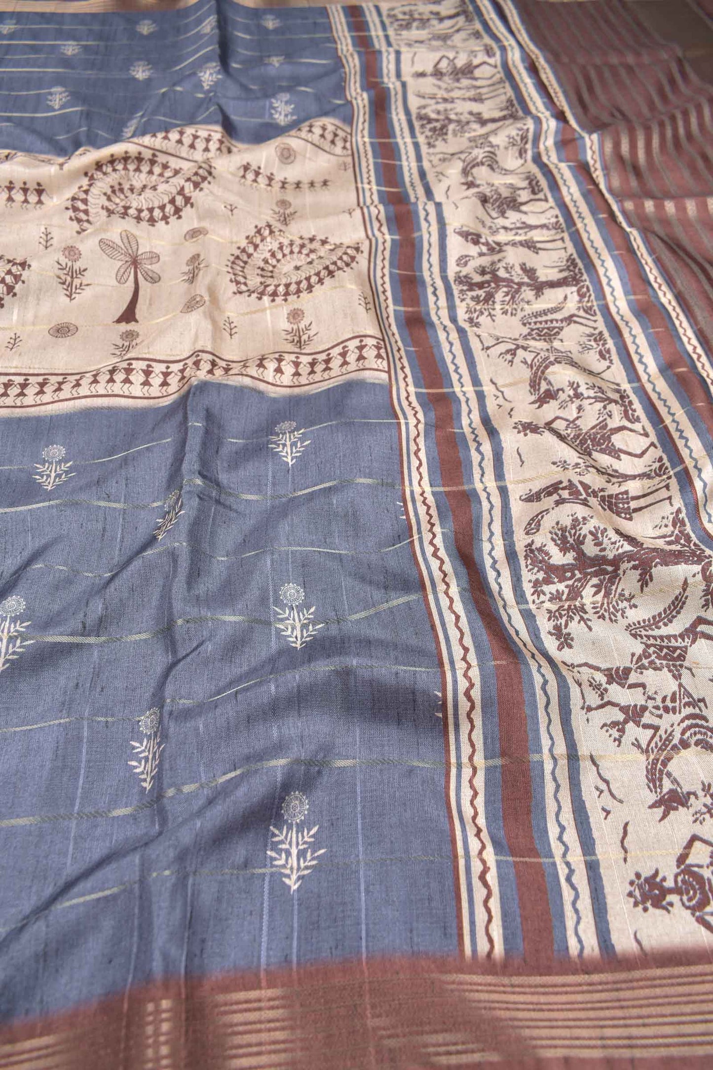 Grey Semi Tussar MidLine Warli Printed Warli Pallu Saree