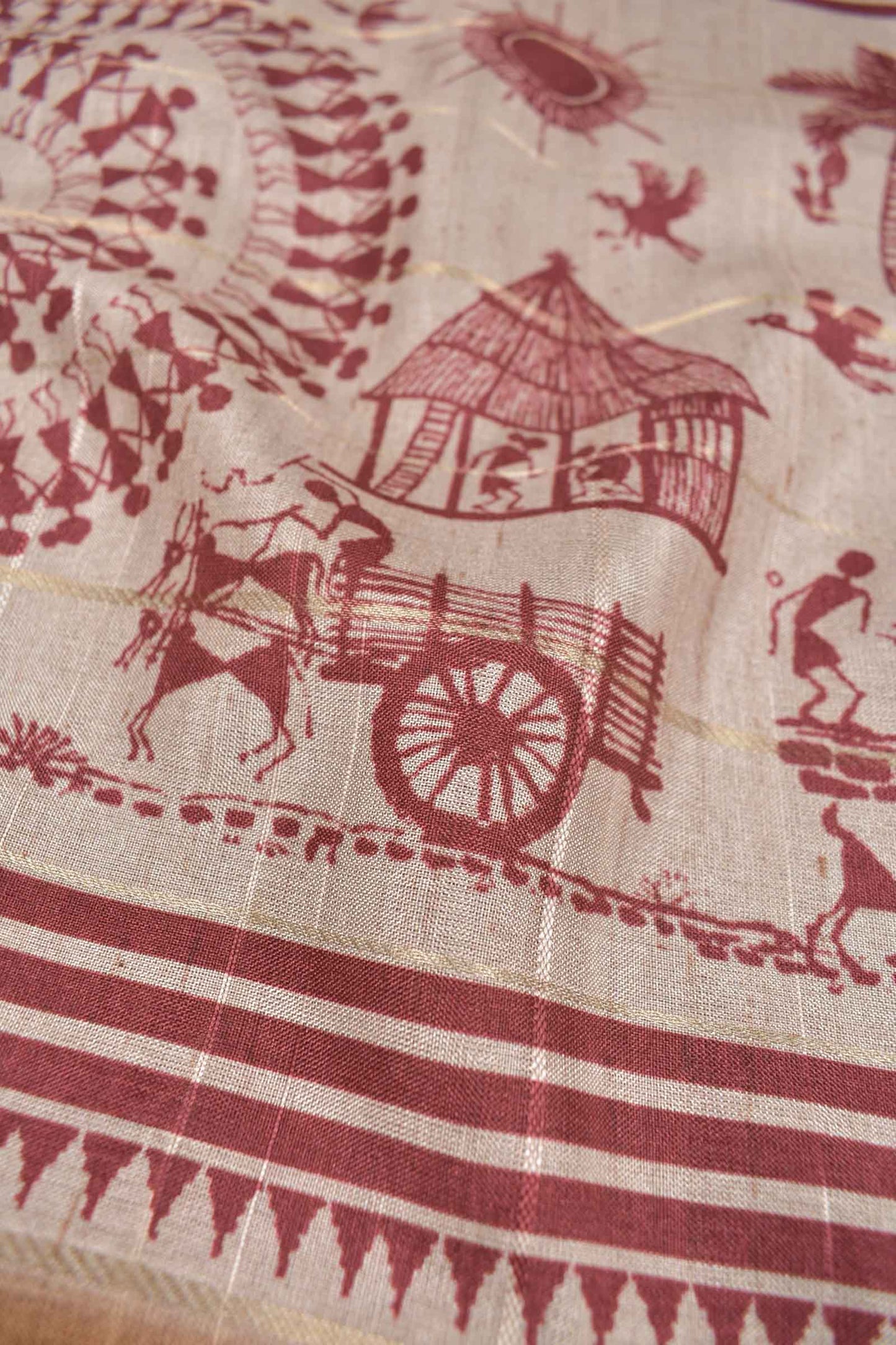 Sandal Semi Tussar MidLine Warli Printed Warli Pallu Saree