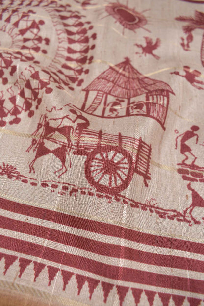 Sandal Semi Tussar MidLine Warli Printed Warli Pallu Saree