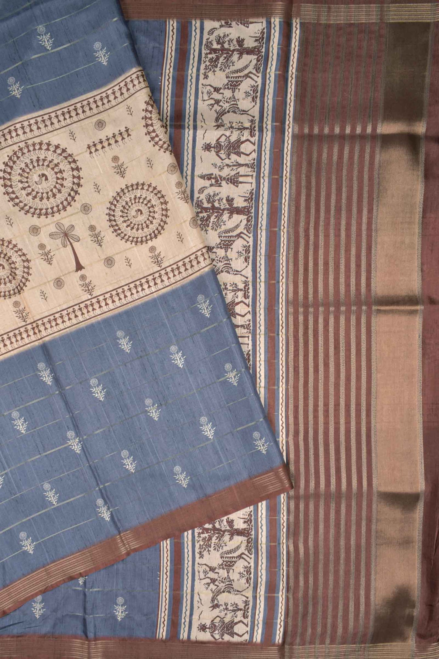 Grey Semi Tussar MidLine Warli Printed Warli Pallu Saree