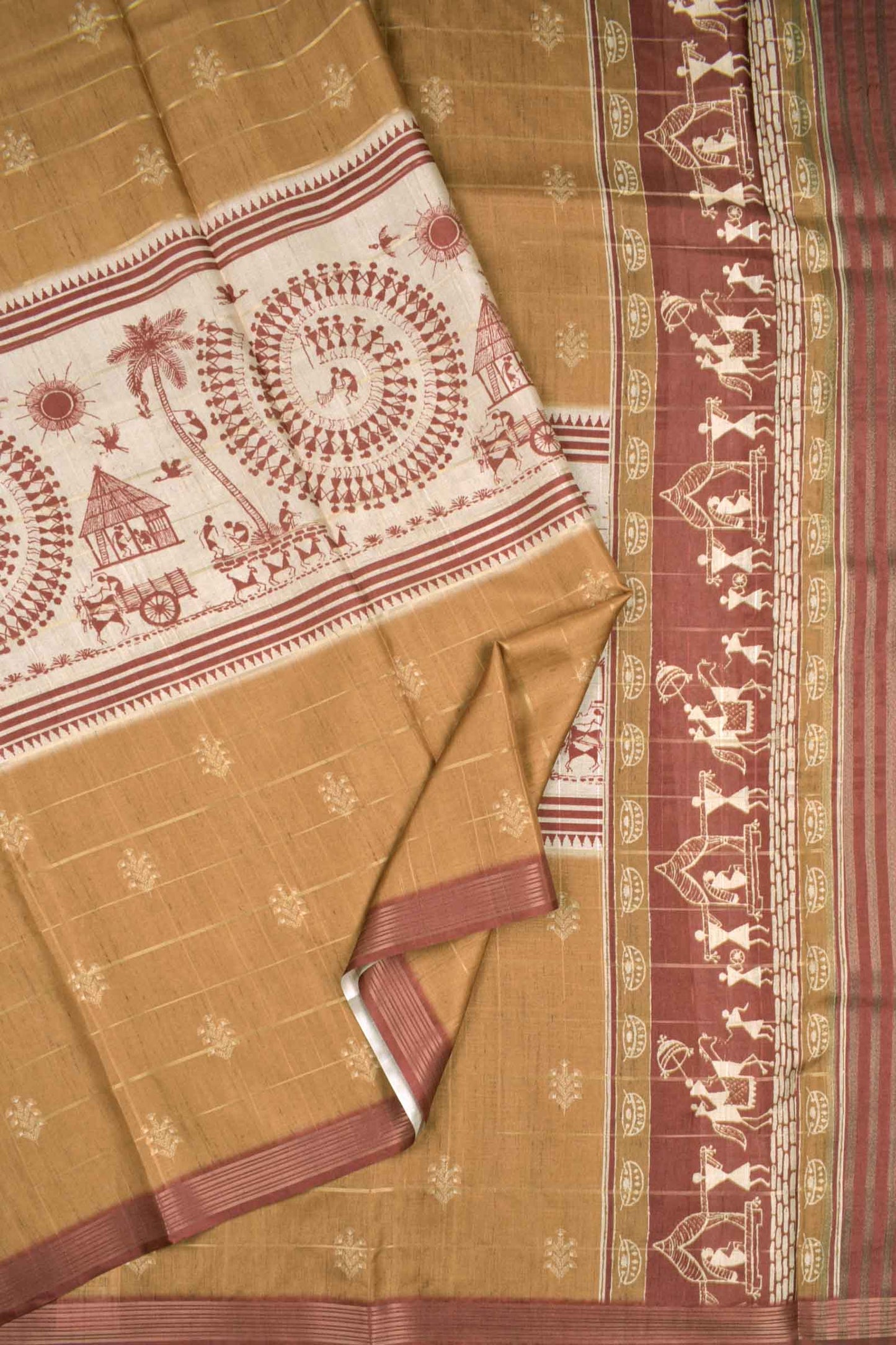 Sandal Semi Tussar MidLine Warli Printed Warli Pallu Saree