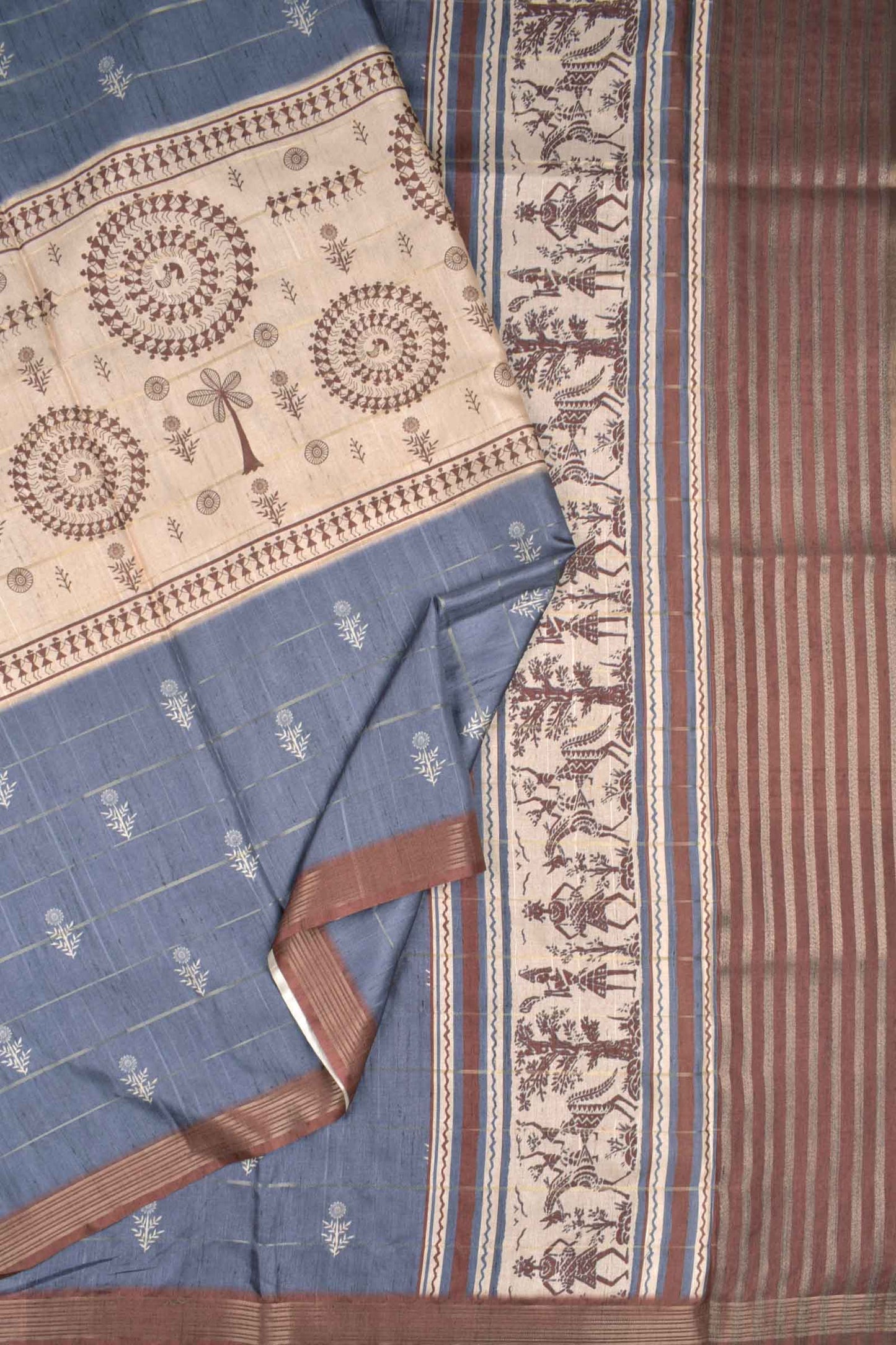 Grey Semi Tussar MidLine Warli Printed Warli Pallu Saree