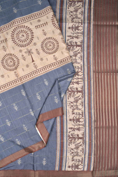 Grey Semi Tussar MidLine Warli Printed Warli Pallu Saree
