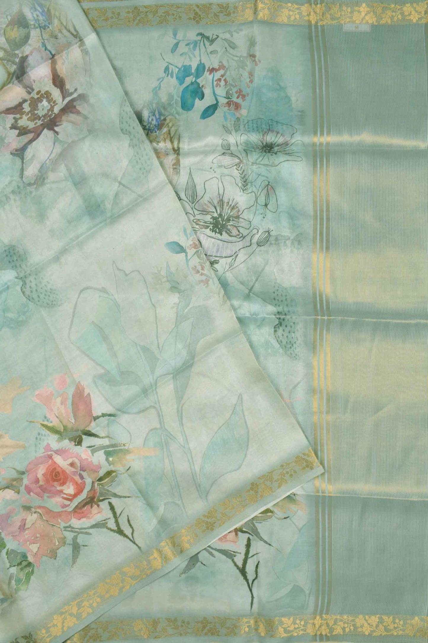 Powder Blue Tissue Fancy Cotton Dreamy Floral Saree