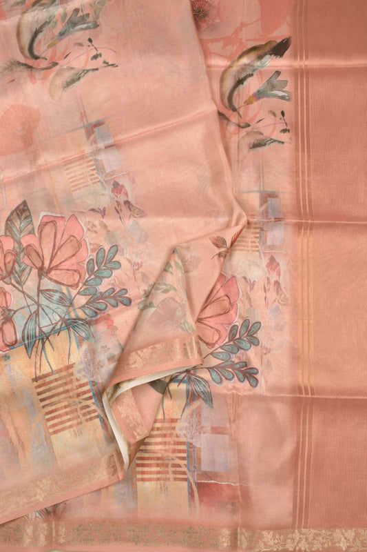 Light Brown Tissue Fancy Cotton Dreamy Florals Saree