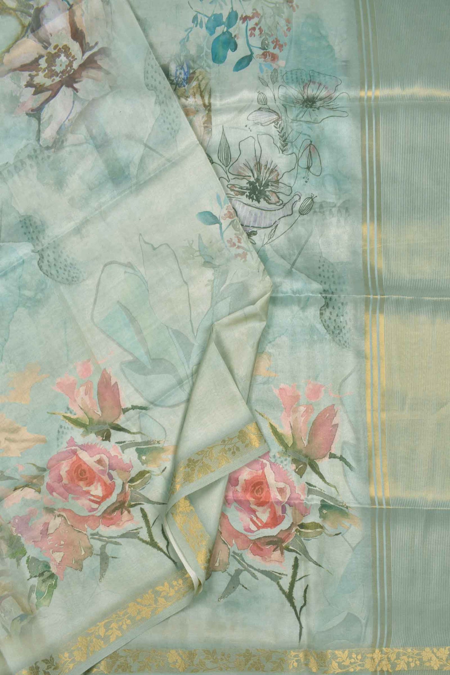 Powder Blue Tissue Fancy Cotton Dreamy Floral Saree