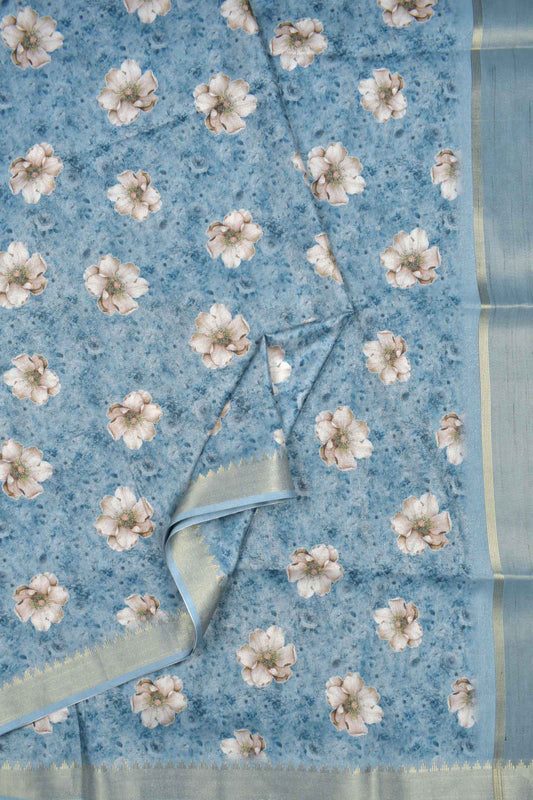 Blue-Grey Semi Linen Silver Garden Print Saree