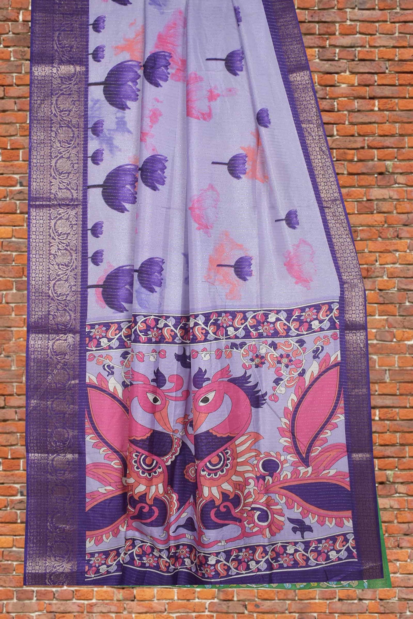 Light Violet Semi Dola Violet Tulip Kalamkari Pallu Saree