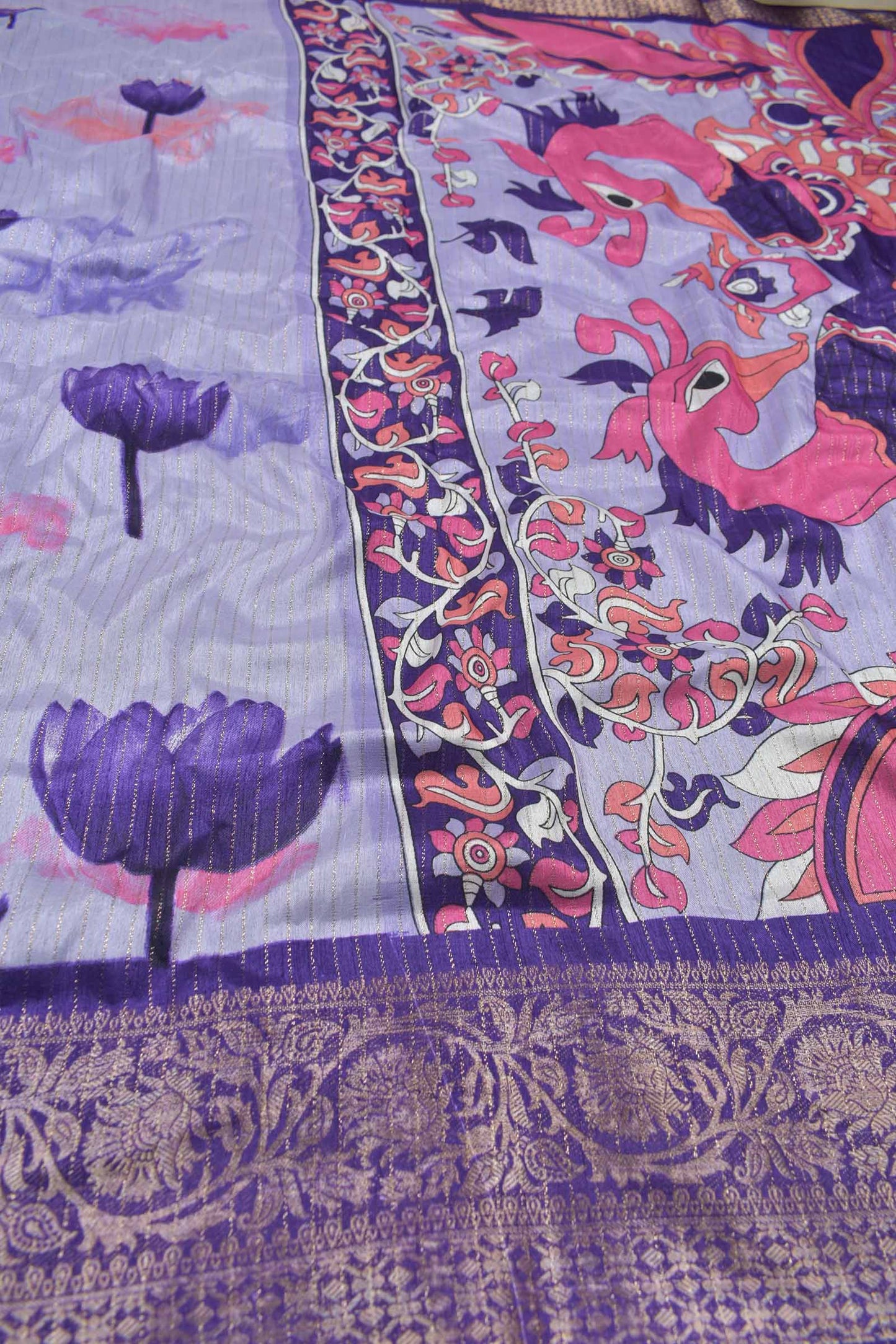 Light Violet Semi Dola Violet Tulip Kalamkari Pallu Saree