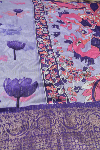 Light Violet Semi Dola Violet Tulip Kalamkari Pallu Saree