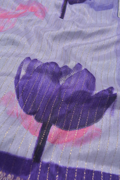 Light Violet Semi Dola Violet Tulip Kalamkari Pallu Saree