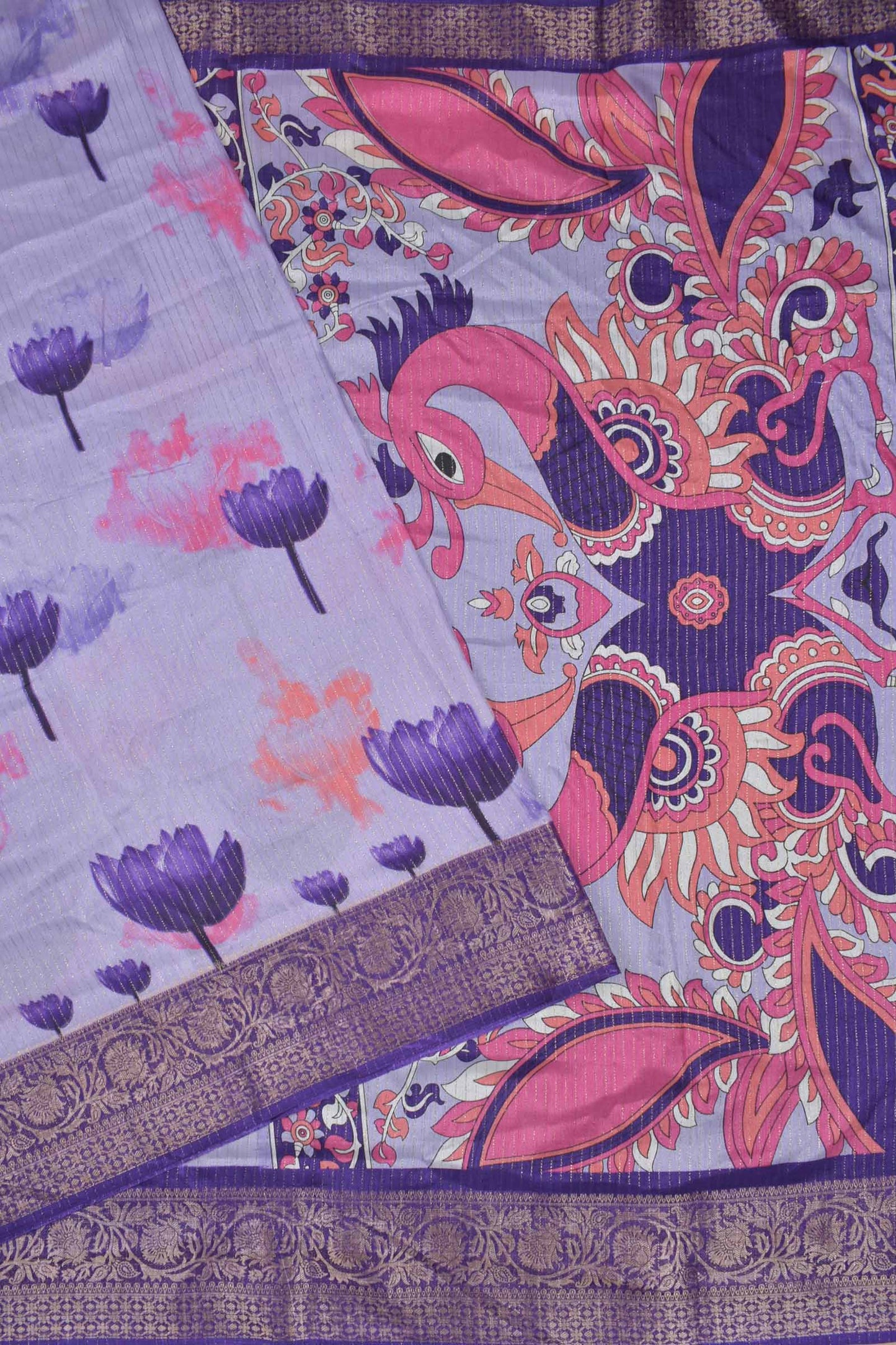 Light Violet Semi Dola Violet Tulip Kalamkari Pallu Saree