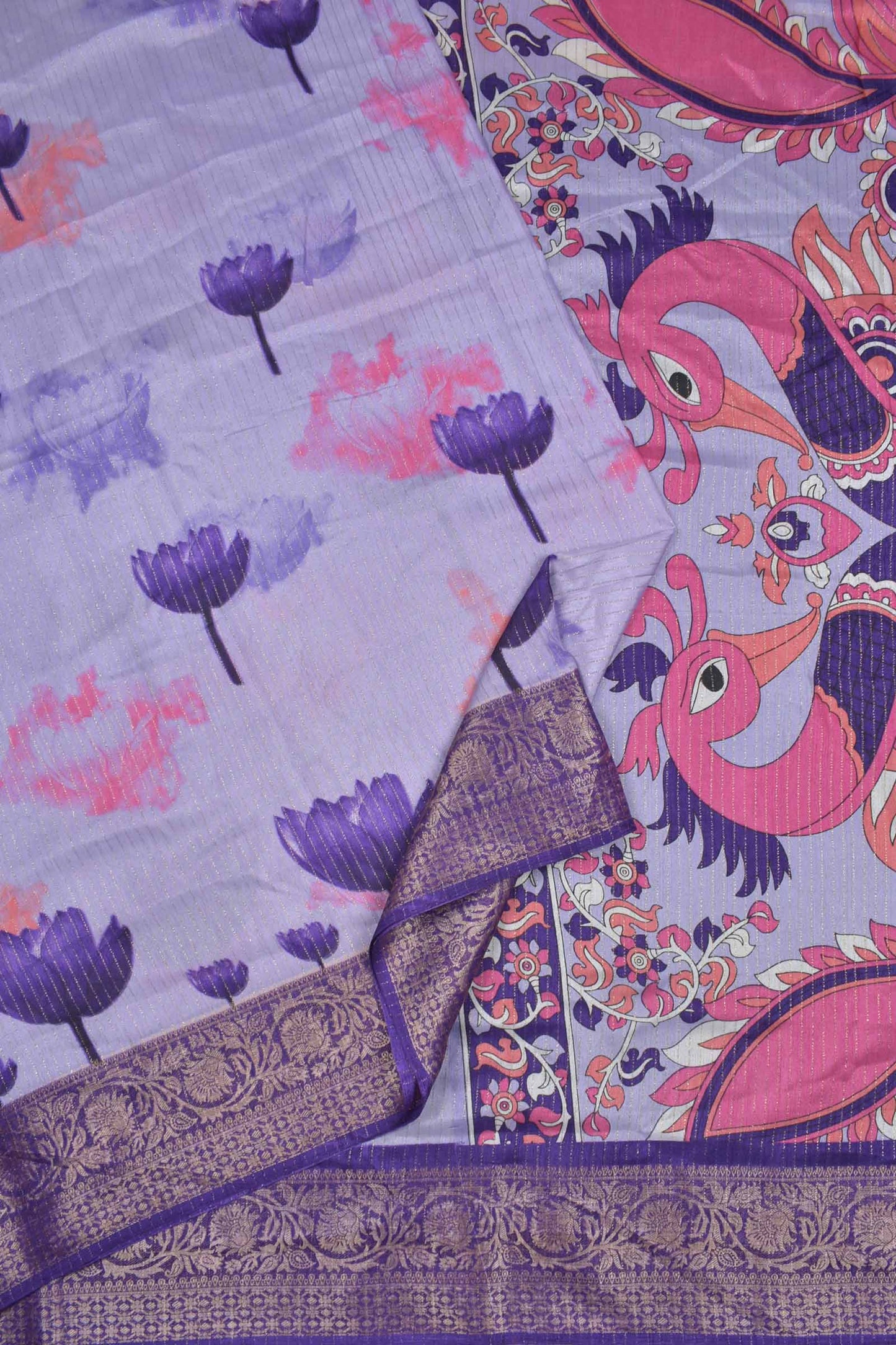 Light Violet Semi Dola Violet Tulip Kalamkari Pallu Saree