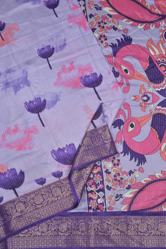 Light Violet Semi Dola Violet Tulip Kalamkari Pallu Saree