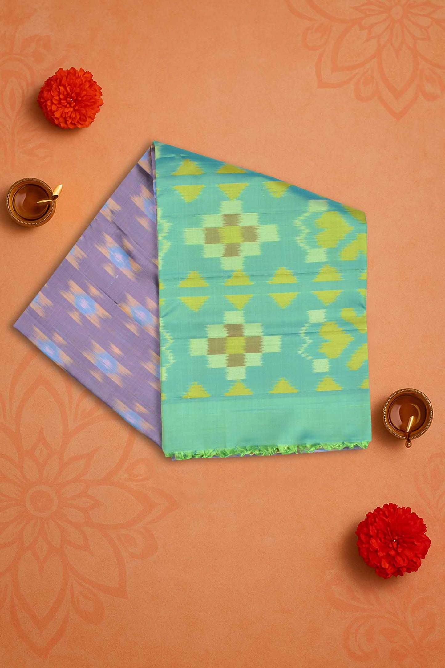 Light Voilet Pure Soft Silk Ikkat Pochampalli Silver Zari Green Fancy Boder Pallu Saree NAA200