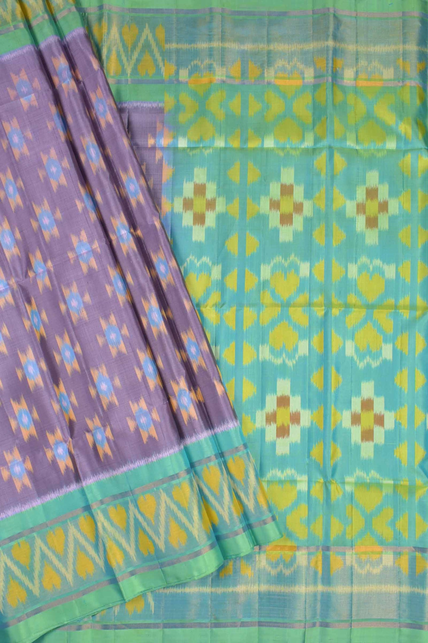 Light Voilet Pure Soft Silk Ikkat Pochampalli Silver Zari Green Fancy Boder Pallu Saree NAA200