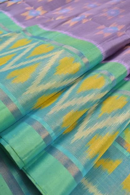 Light Voilet Pure Soft Silk Ikkat Pochampalli Silver Zari Green Fancy Boder Pallu Saree NAA200