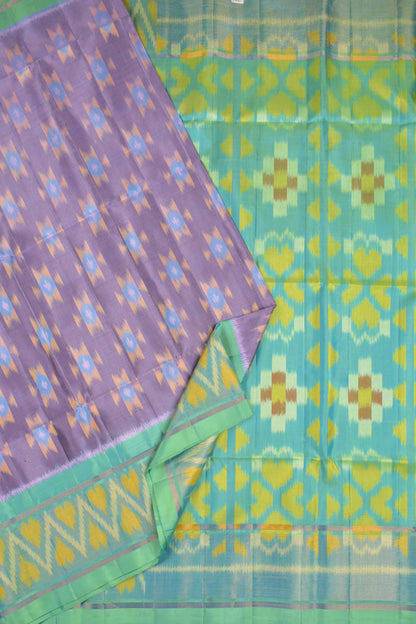 Light Voilet Pure Soft Silk Ikkat Pochampalli Silver Zari Green Fancy Boder Pallu Saree NAA200