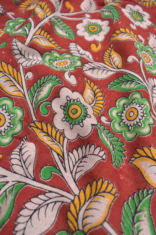 Red Kalamkari Pure Cotton Floral Vines Peacock Pallu Saree