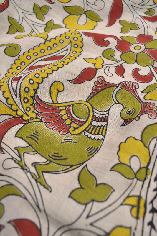 Off White Kalamkari Pure Cotton Floral Peacock Printed Peacock Pallu Saree