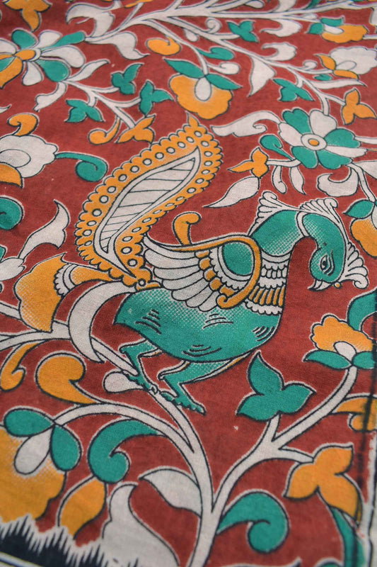 Red Kalamkari Pure Cotton Floral Peacock Printed Peacock Pallu Saree
