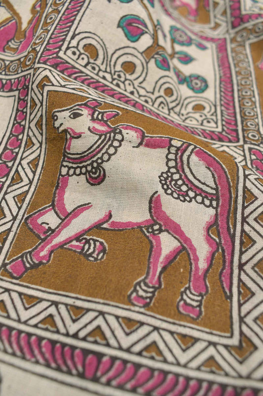 Multi Colour Kalamkari Pure Royal Cow Frames Floral Border Saree