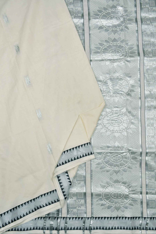 Off White Kerala Cotton Floral Butta Fancy Pallu Saree