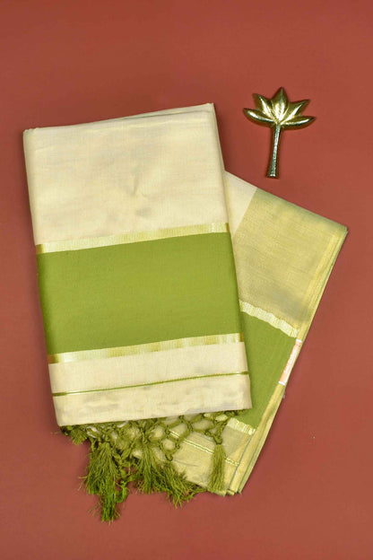 Off White With Green Kerala Tissue Cotton Golden Zari Line Saree